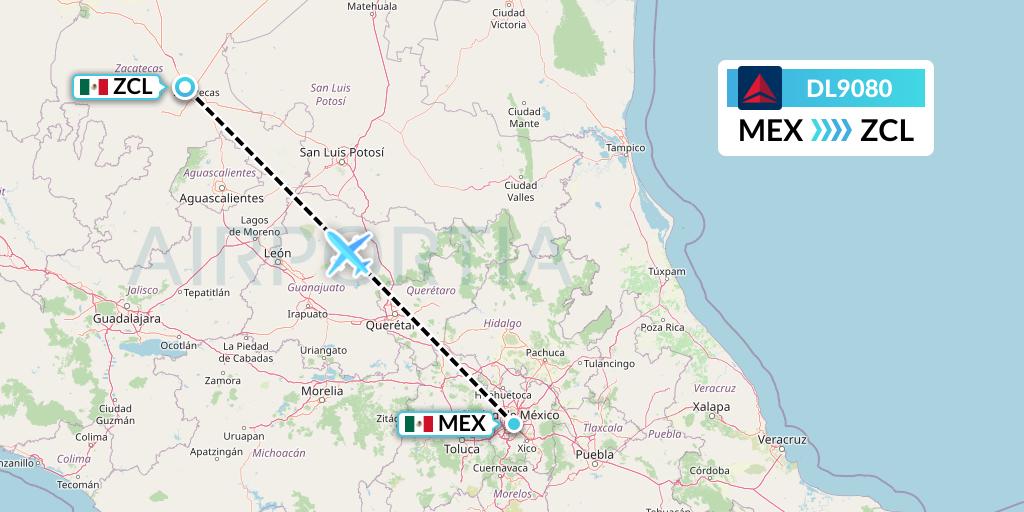 DL9080 Delta Air Lines Flight Map: Mexico City to Zacatecas