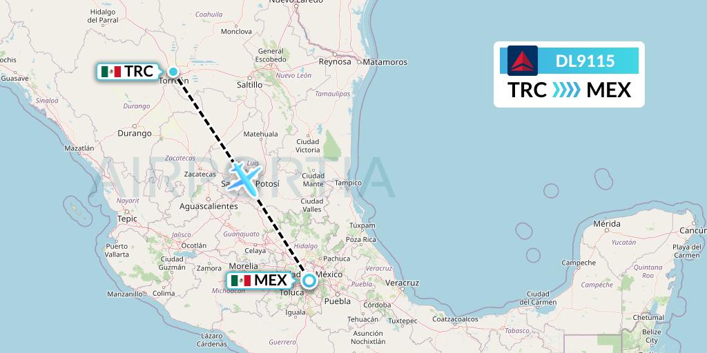 DL9115 Delta Air Lines Flight Map: Torreon to Mexico City