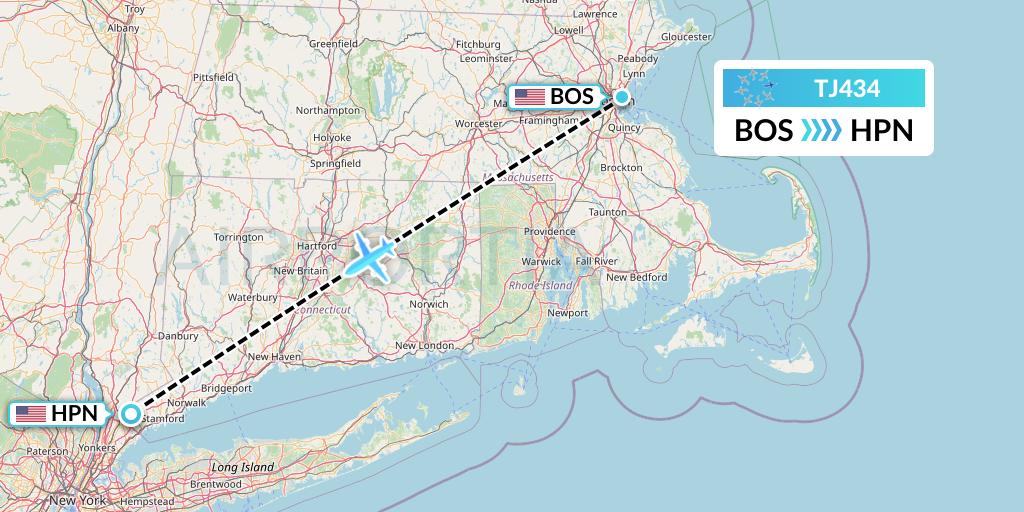 TJ434 Tradewind Aviation Flight Map: Boston to White Plains