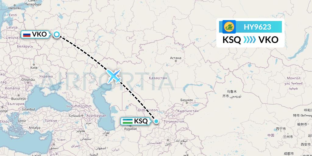 HY9623 Uzbekistan Airways Flight Map: Karshi to Moscow