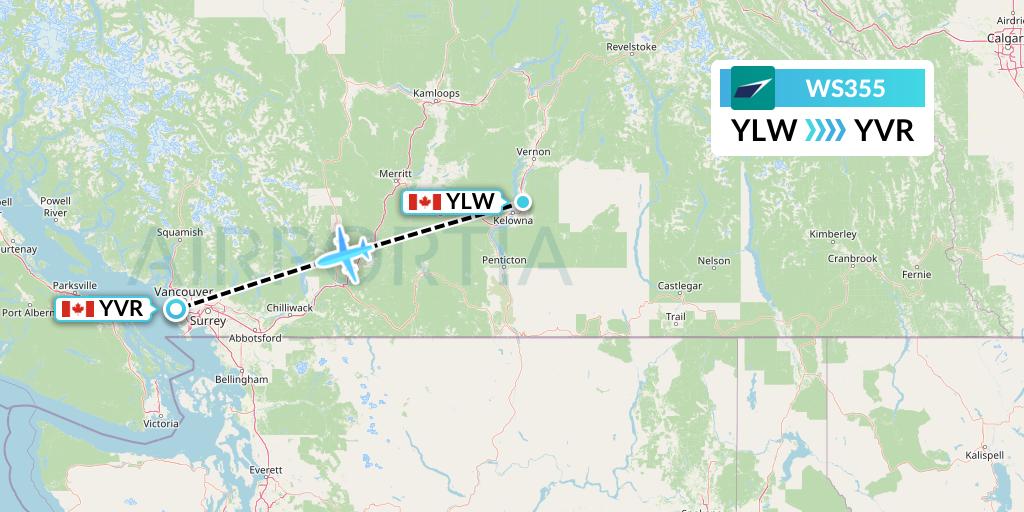 WS355 WestJet Flight Map: Kelowna to Vancouver