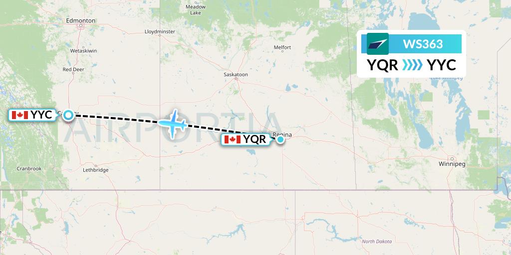 WS363 WestJet Flight Map: Regina to Calgary