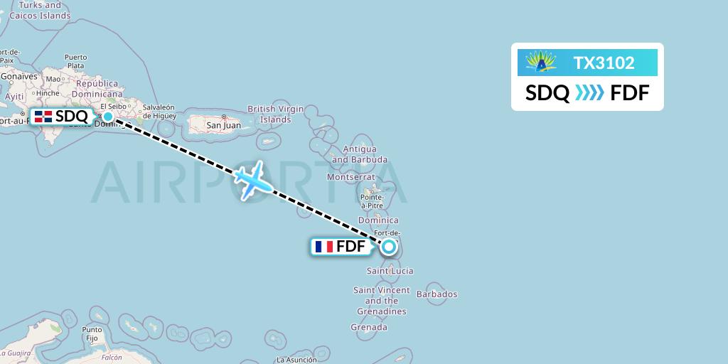 TX3102 Air Caraibes Flight Map: Santo Domingo to Fort-de-France