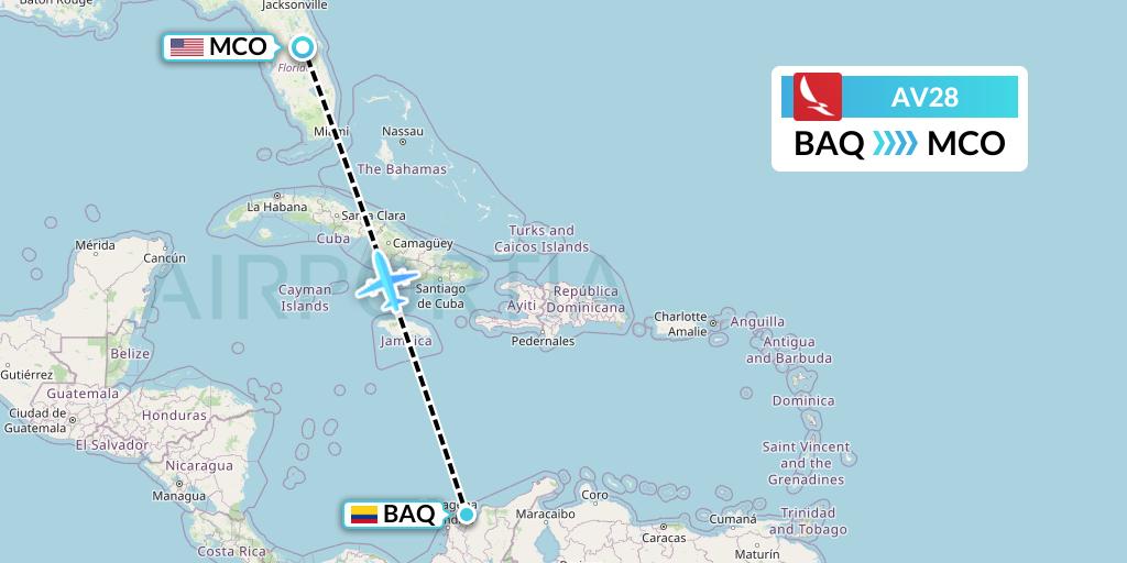 AV28 Avianca Flight Map: Barranquilla to Orlando