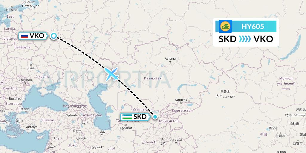 HY605 Uzbekistan Airways Flight Map: Samarkand to Moscow