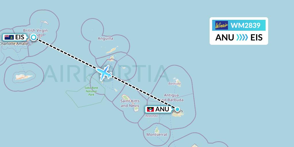 WM2839 Winair Flight Map: Antigua to Beef Island