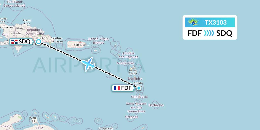 TX3103 Air Caraibes Flight Map: Fort-de-France to Santo Domingo