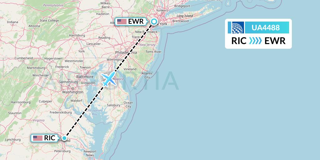 UA4488 United Airlines Flight Map: Richmond to New York