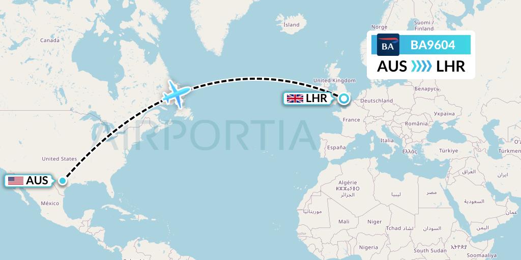 BA9604 British Airways Flight Map: Austin to London