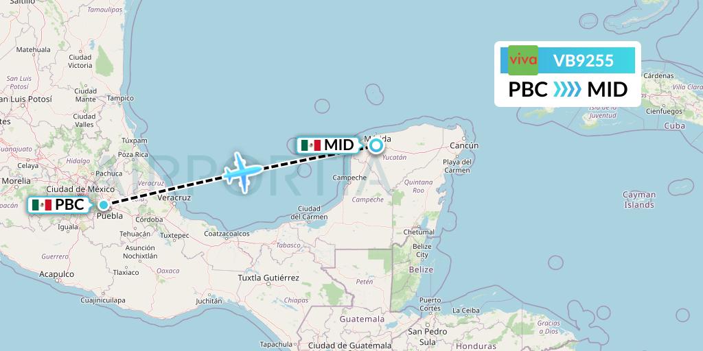 VB9255 VivaAerobus Flight Map: Puebla to Merida