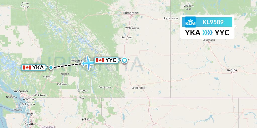 KL9589 KLM Flight Map: Kamloops to Calgary