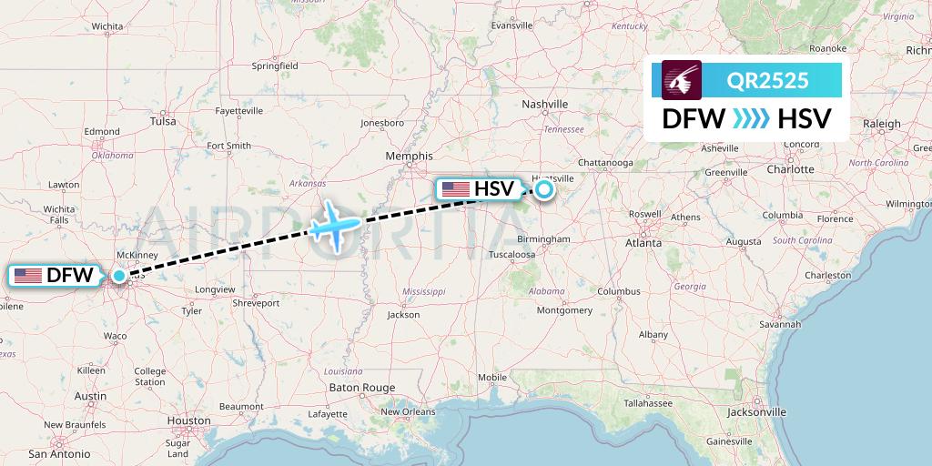 QR2525 Qatar Airways Flight Map: Dallas to Huntsville