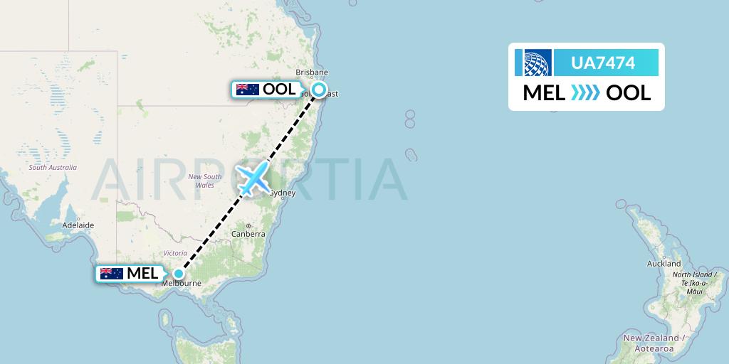 UA7474 United Airlines Flight Map: Melbourne to Gold Coast