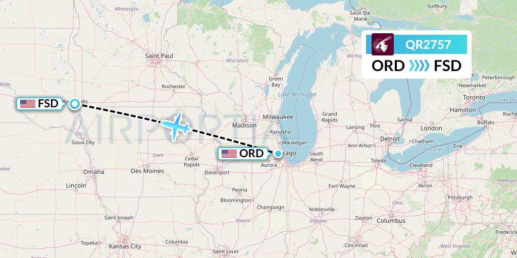 QR2757 Qatar Airways Flight Map: Chicago to Sioux Falls