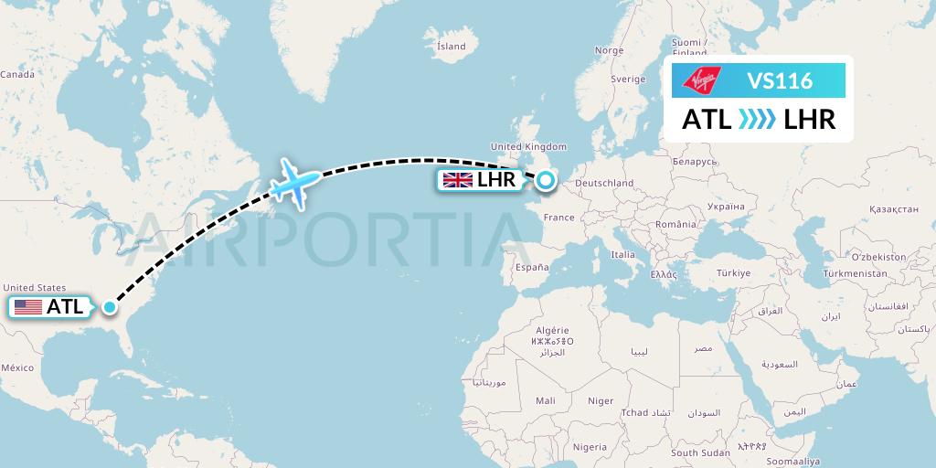 VS116 Virgin Atlantic Airways Flight Map: Atlanta to London