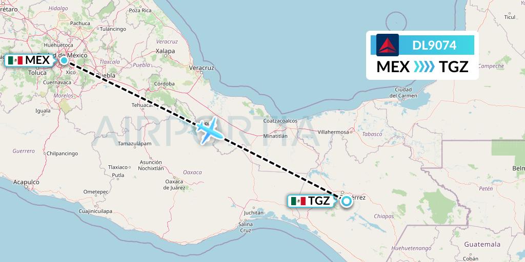 DL9074 Delta Air Lines Flight Map: Mexico City to Tuxtla Gutierrez