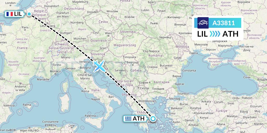 A33811 Aegean Airlines Flight Map: Lille to Athens