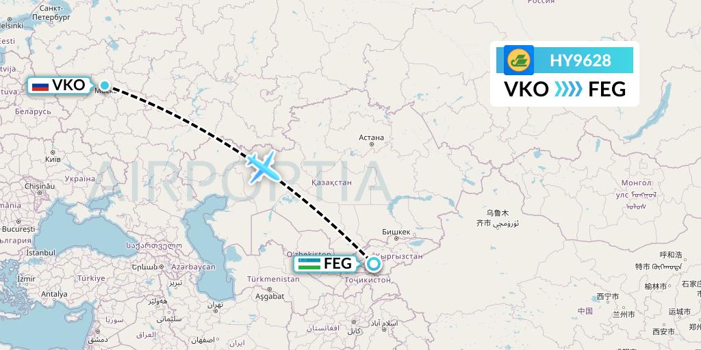 HY9628 Uzbekistan Airways Flight Map: Moscow to Fergana