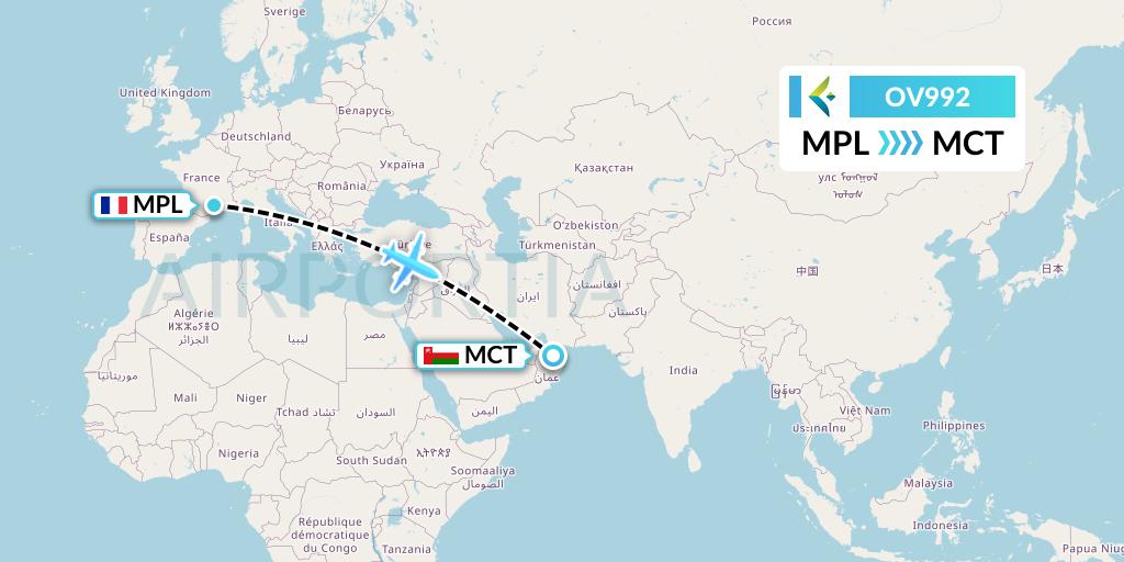 OV992 SalamAir Flight Map: Montpellier to Muscat