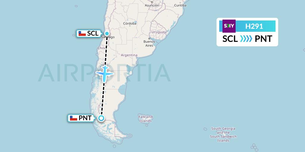 H291 Sky Airline Flight Map: Santiago to Puerto Natales