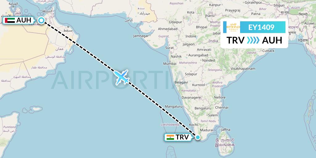EY1409 Etihad Airways Flight Map: Thiruvananthapuram to Abu Dhabi