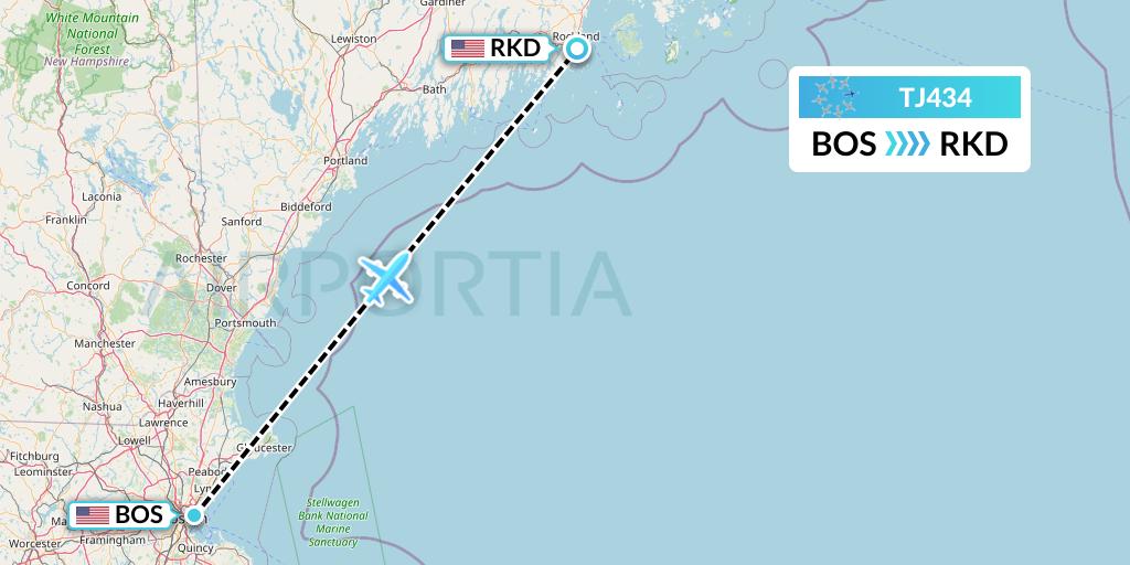TJ434 Tradewind Aviation Flight Map: Boston to Rockland