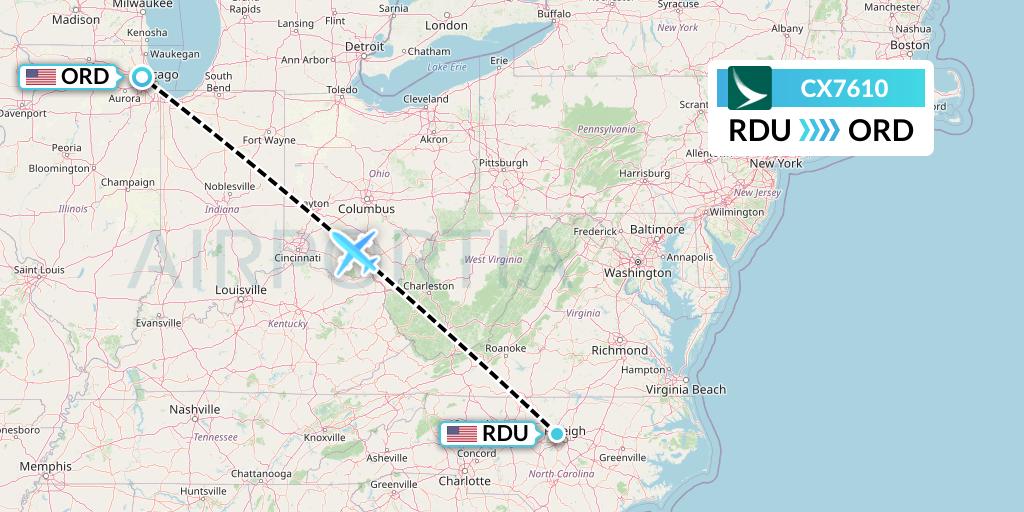 CX7610 Cathay Pacific Flight Map: Raleigh-Durham to Chicago