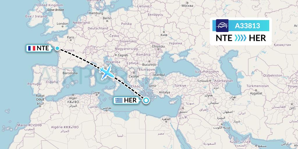 A33813 Aegean Airlines Flight Map: Nantes to Heraklion