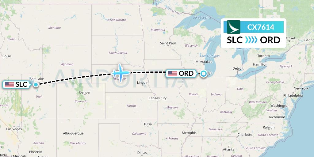 CX7614 Cathay Pacific Flight Map: Salt Lake City to Chicago