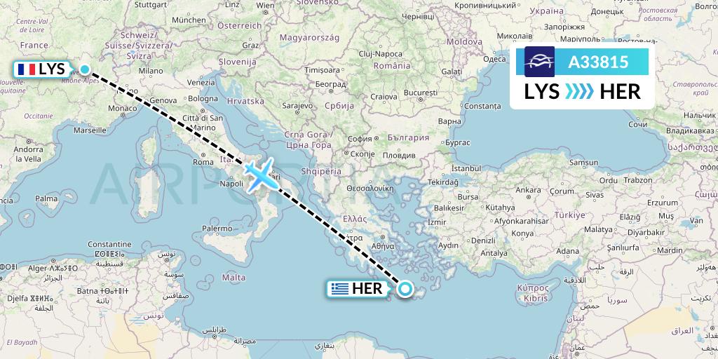 A33815 Aegean Airlines Flight Map: Lyon to Heraklion