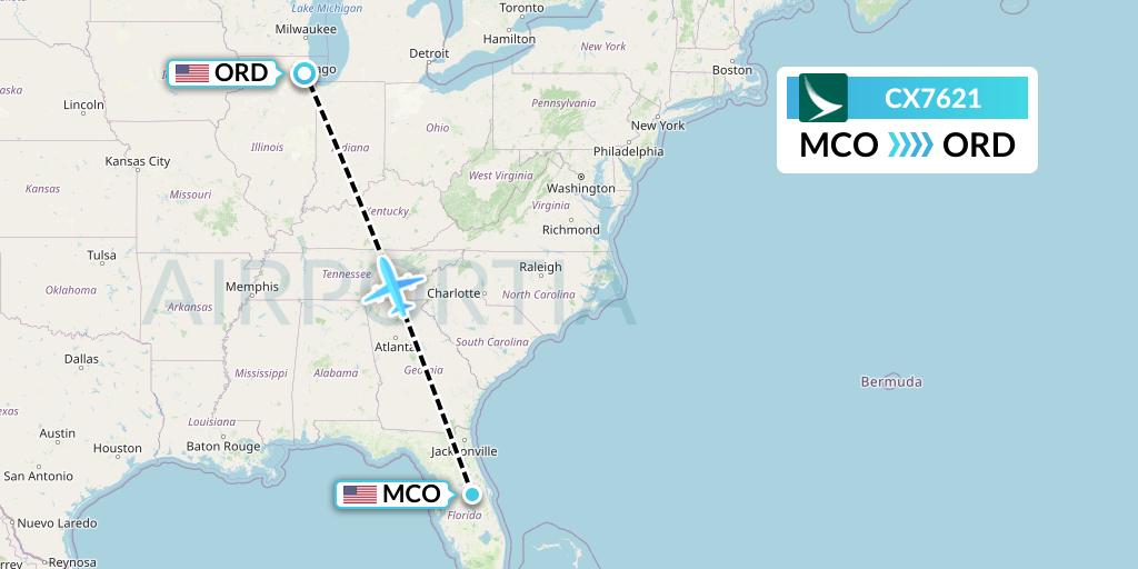 CX7621 Cathay Pacific Flight Map: Orlando to Chicago