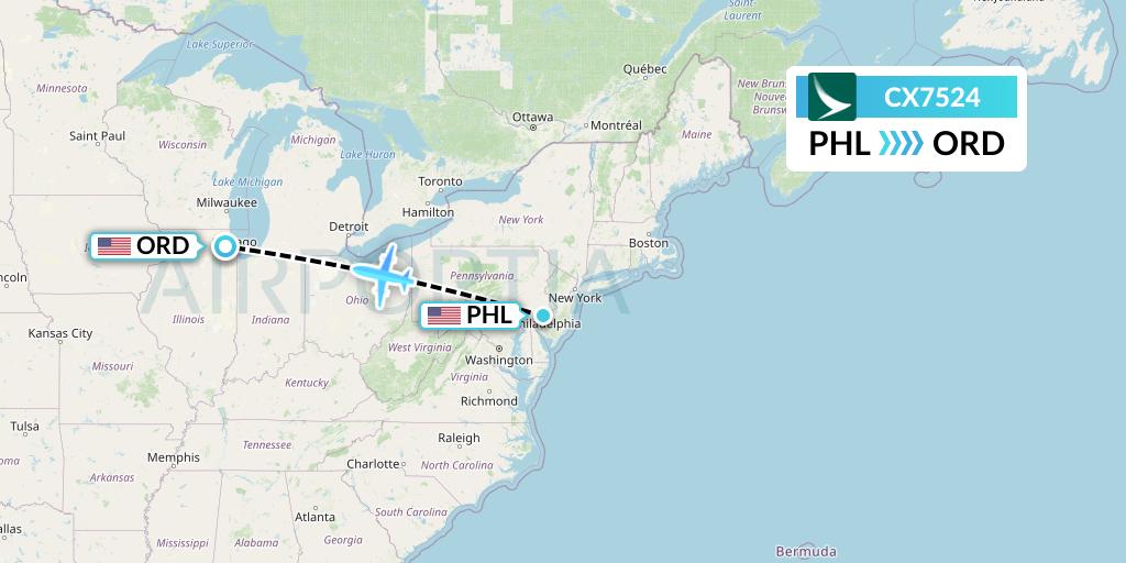CX7524 Cathay Pacific Flight Map: Philadelphia to Chicago