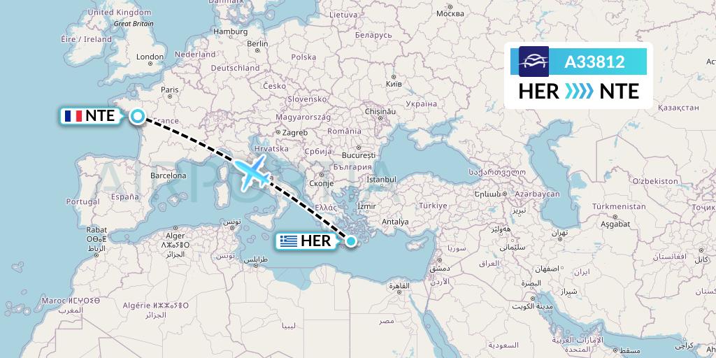 A33812 Aegean Airlines Flight Map: Heraklion to Nantes