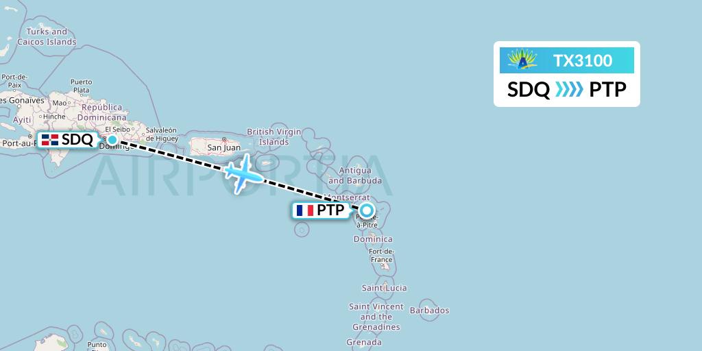 TX3100 Air Caraibes Flight Map: Santo Domingo to Pointe-a-Pitre
