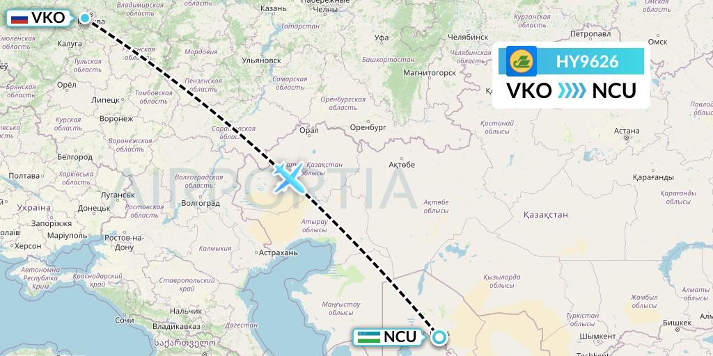 HY9626 Uzbekistan Airways Flight Map: Moscow to Nukus