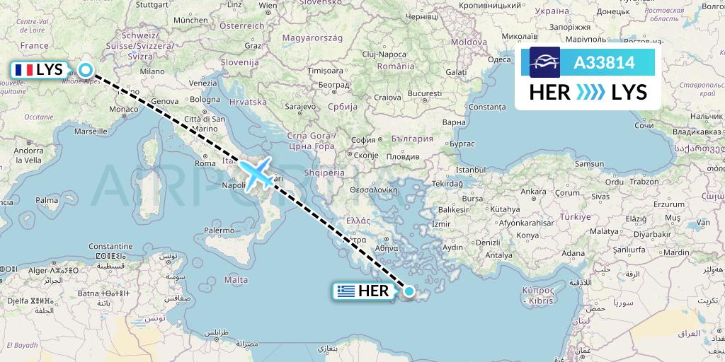A33814 Aegean Airlines Flight Map: Heraklion to Lyon