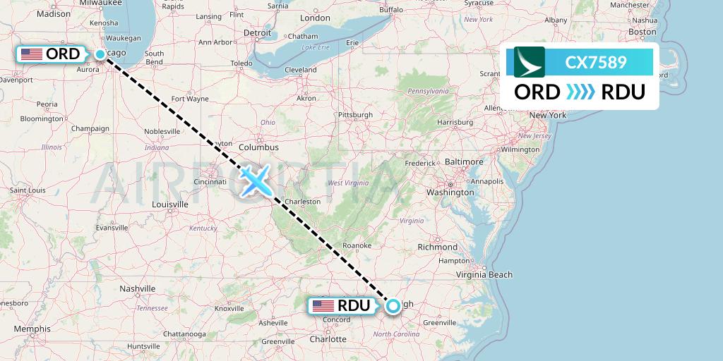 CX7589 Cathay Pacific Flight Map: Chicago to Raleigh-Durham