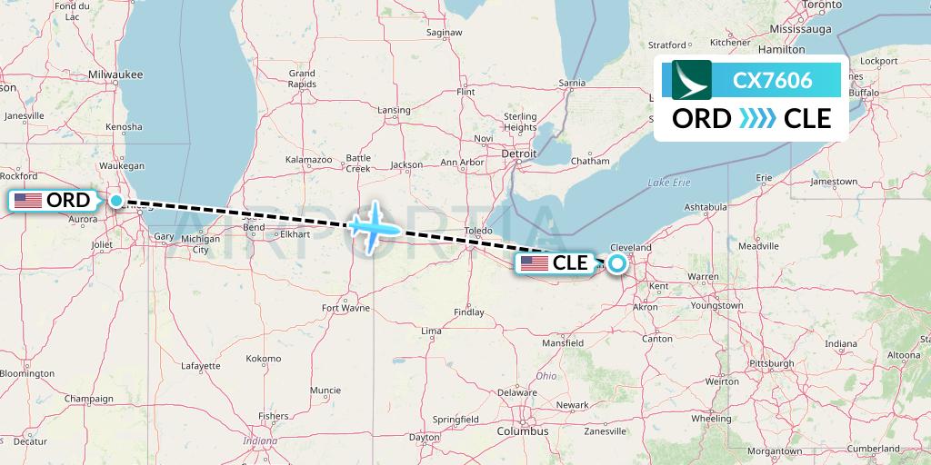 CX7606 Cathay Pacific Flight Map: Chicago to Cleveland
