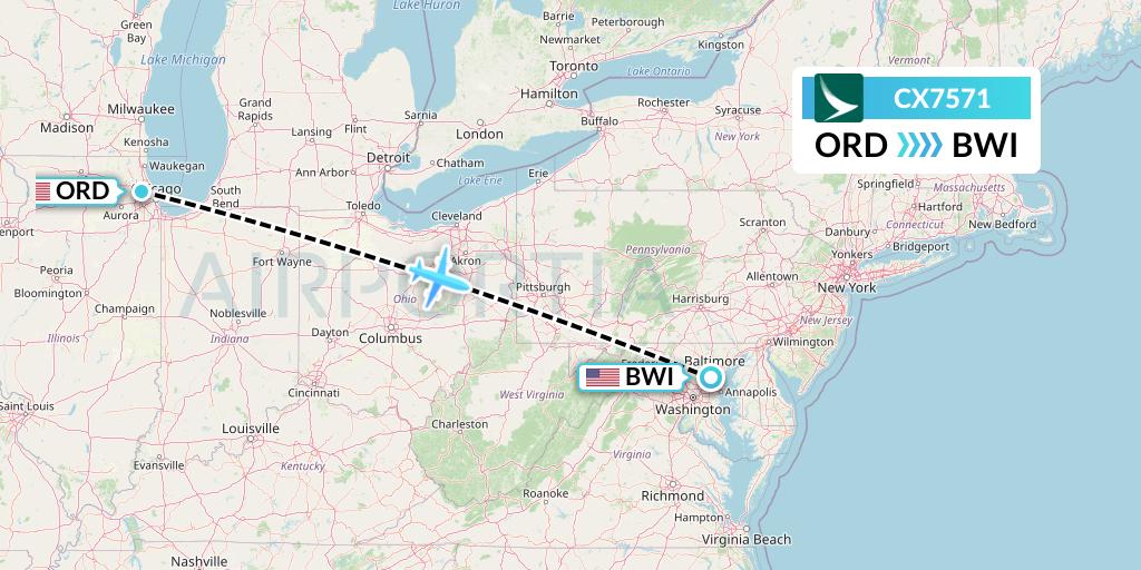 CX7571 Cathay Pacific Flight Map: Chicago to Baltimore