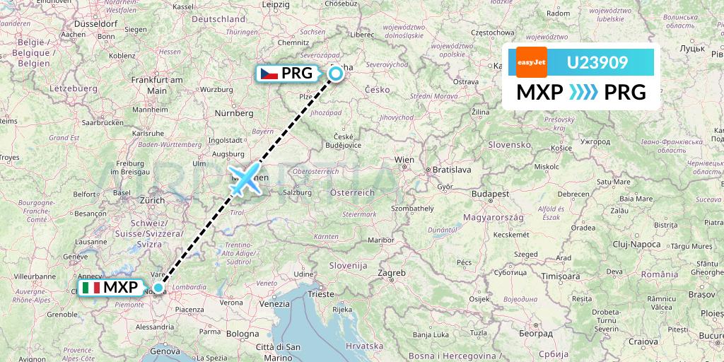 U23909 EasyJet Flight Map: Milan to Prague