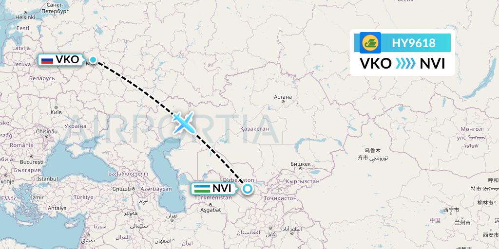 HY9618 Uzbekistan Airways Flight Map: Moscow to Navoiy