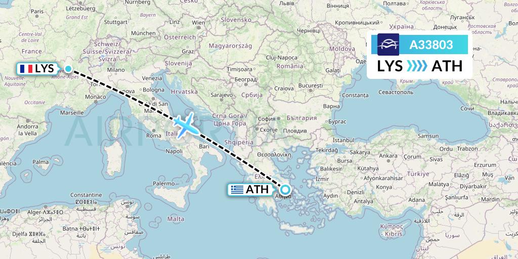 A33803 Aegean Airlines Flight Map: Lyon to Athens