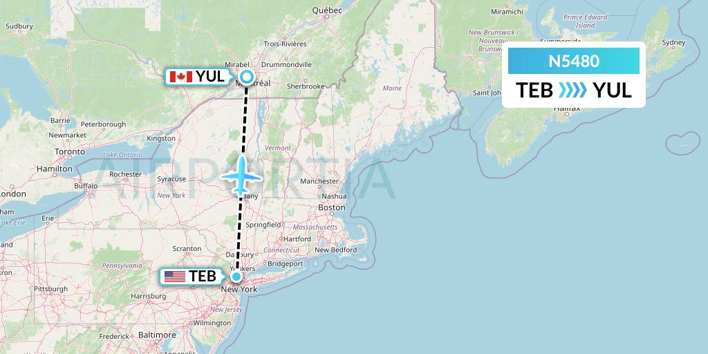 N5480 Nolinor Aviation Flight Map: Teterboro to Montreal