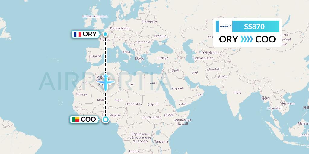 SS870 Corsair Flight Map: Paris to Cotonou
