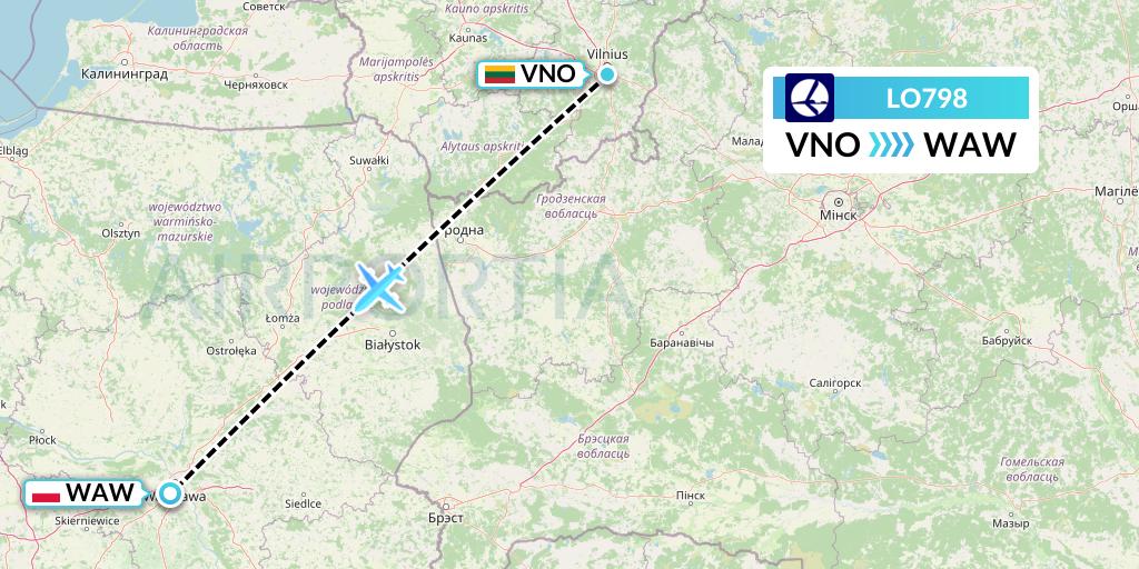 LO798 LOT Flight Map: Vilnius to Warsaw