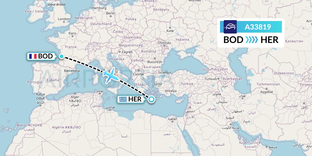A33819 Aegean Airlines Flight Map: Bordeaux to Heraklion