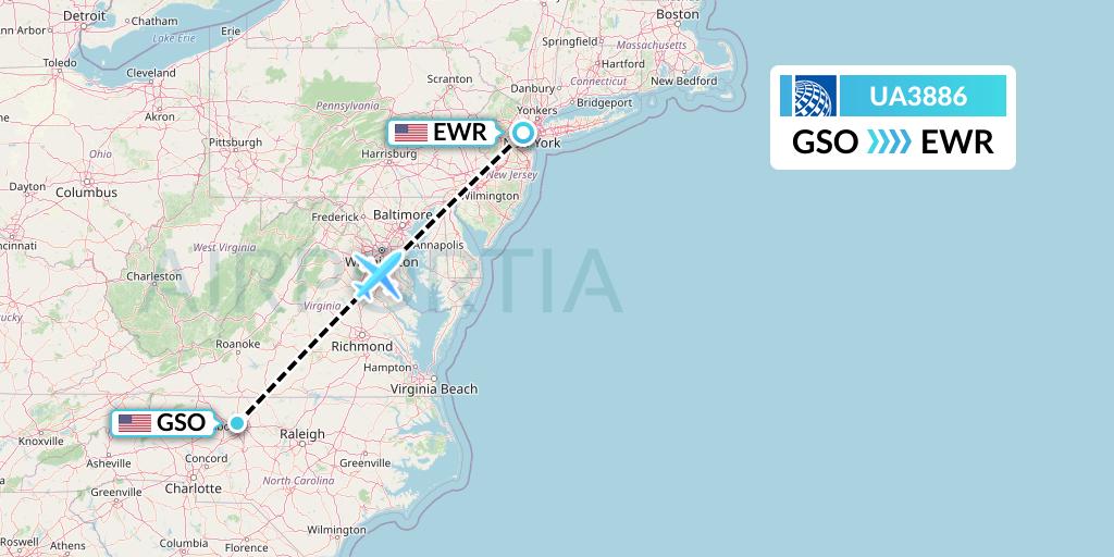 UA3886 United Airlines Flight Map: Greensboro to New York