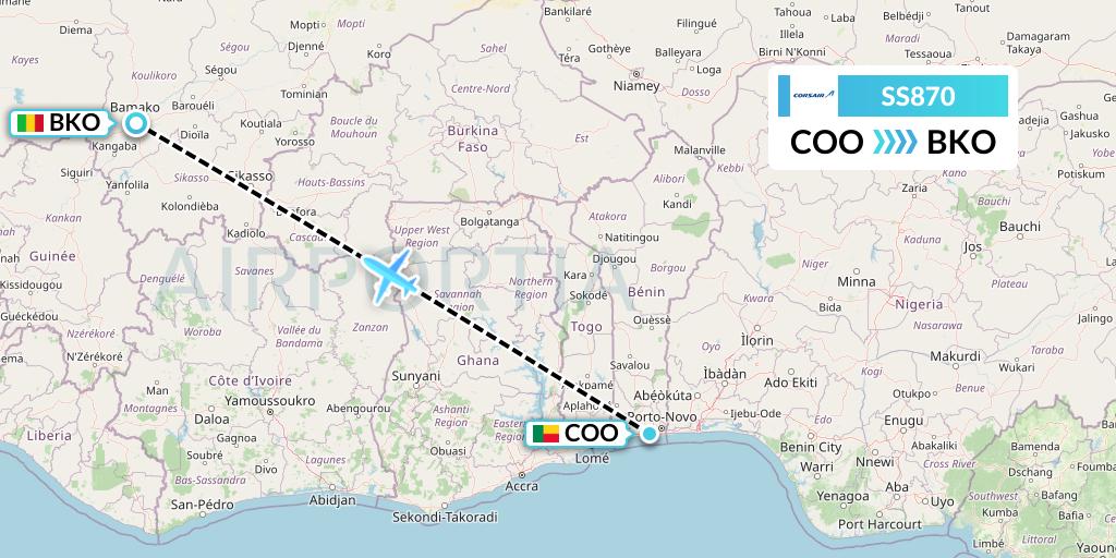 SS870 Corsair Flight Map: Cotonou to Bamako