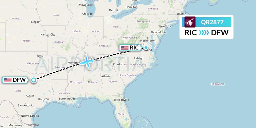 QR2877 Qatar Airways Flight Map: Richmond to Dallas