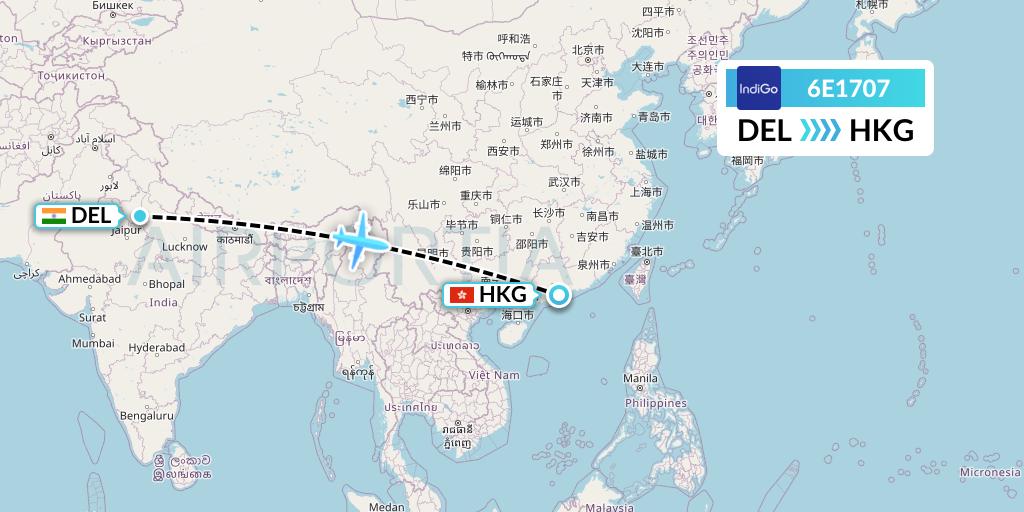 6E1707 IndiGo Airlines Flight Map: Delhi to Hong Kong